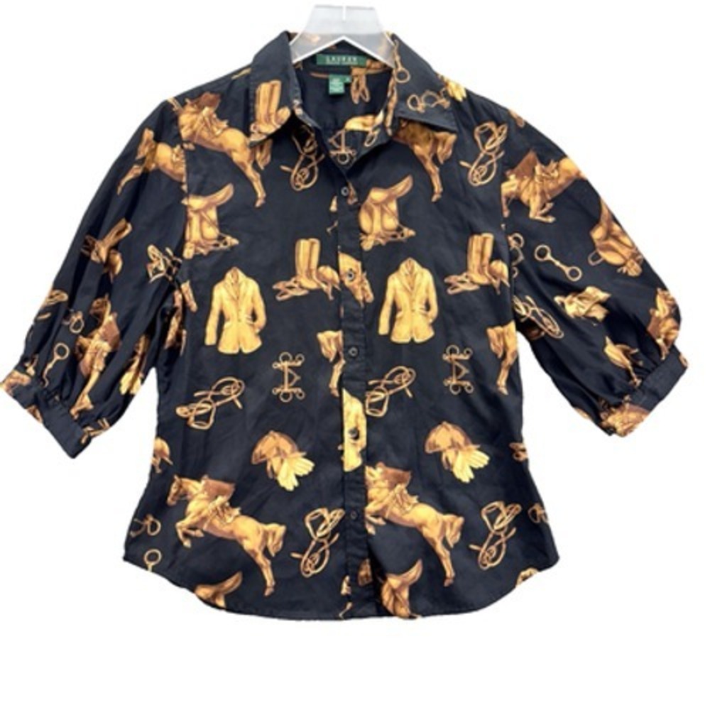 Lauren Ralph‎ Lauren Womens Button Down Shirt Size M Equestrian Horse Black Gold